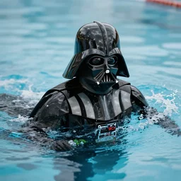 a hyper-realistic photo of Darth Vader swimming