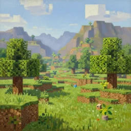 a classic oil painting of a beautiful landscape in the style of minecraft concept art, beautiful detail, rtx lighting, trees, grass, mountains,