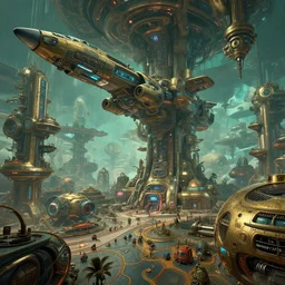 cinematic still of hyper detailed realistic highly technical greeble hard surface modelled afro futurist spaceport, surreal flying aircraft, deep perspective, wide angle, insanely detailed and intricate, teal gold and orange color scheme, bernie wrightson