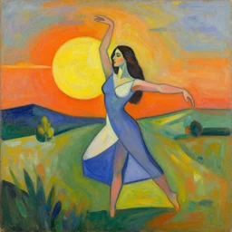 woman dancing across the landscape as the sun rises, abstract art in the style of cubism and georgia o keefe