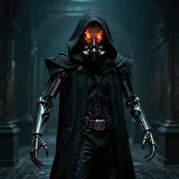 cyberpunk man wearing black metal respirator black cloth cloak hood, robotic arms long fingers spindly sharp, burning eyes on fire, scowling angry witch king of angmar ring wraith ghost rider Bladerunner 2049 movie still (2017) style of Roger Deakins Jeremy Saulnier Newton Thomas Sigel Robert Elswit Greig Fraser trending dark hallway rtx on ue4 35mm Kodak Vision 2383 gritty atmospheric