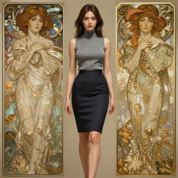 portrait of a full body of beautiful young female secretary, d & d, sleeveless turtleneck, pencil skirt, fantasy, flat lighting, intricate, highly detailed, digital painting, artstation, concept art, smooth, sharp focus, illustration, misa amane, art by simon bisley and greg rutkowski and alphonse mucha, natural tpose