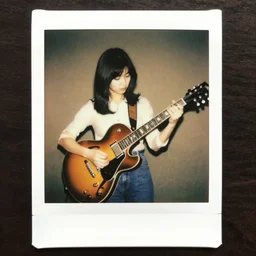 a polaroid of a female japanese artist playing an archtop electric guitar, 1 9 7 0 s