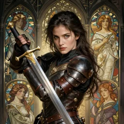 a beautiful render of female warrior, gothic background, leather armor, wielding a sword, a beautiful face, perfectly shaded, atmospheric lighting, style of makoto shinkai, raphael lacoste, louis comfort tiffany, artgerm, karol bak, james jean, alphonse maria mucha