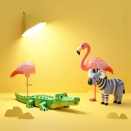 low poly render, studio lighting, yellow brightly lit room, crocodile flamingo koala zebra, paper