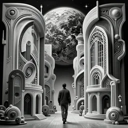 of a highly insane details of a photo of abstract architecture mixing between real and fake worlds, black and white color, walking towards planet earth in background, art nouveau, futuristic background, heavily detailed, intricate artwork by tooth wu, high contrast, sharp focus, blender, depth of field, 3 6 0 panorama, aperture, 8 0 k,
