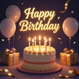 matte painting of a birthday cake with candles. Gifts. balloons, streamers, confetti. Happy birthday.