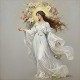 an intricate realistic oil painting of persephone, flowing robe, flowers, headspace, fantasy art, emil melmoth, by greg rutkowski, by mucha