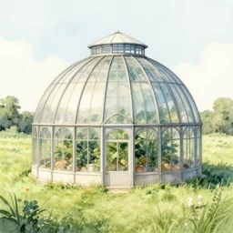 a watercolor painting of a spherical art nouveau greenhouse in a grass field, an illustration by Buckminster Fuller, behance, ecological art, concept art, matte drawing, photoillustration
