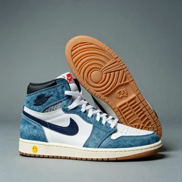 a studio photoshoot of Nike Off-white Jordan 1 sneakers designed by Virgil Abloh, denim and transparent knitted mesh material, gum rubber outsole, realistic, color film photography by Tlyer Mitchell, 35 mm, Graflex