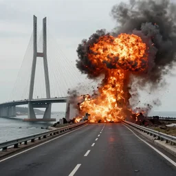 concept art of the crimean bridge with an explosion on the road, the kerch bridge exploding.