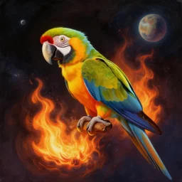 Parrot on fire in space, painting, Artstation