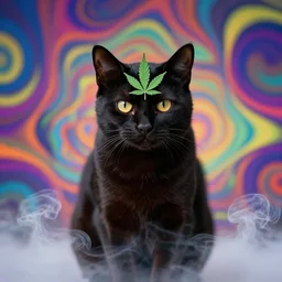 a black cat with a cannabis leaf on his forehead, multicolor trippy background, smoke on the bottom of the cat