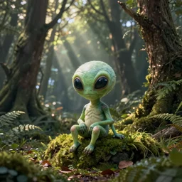 cute little alien sitting on the forest, fantasy, concept art, artstation, tyler edlin, feng zhu, johannes helgeson, thomas karpi
