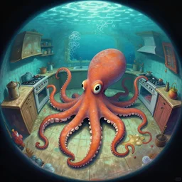 deep colors, fisheye spiral lines, naive, extra narrow, detailed illustration of a kitchen, large floor, octopus shaped by rhads from lorax movie, trending artstation, underwater
