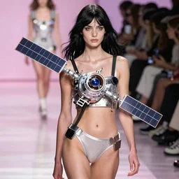 olivia, mid catwalk, wearing an outfit inspired by a satellite, runway model at new york fashion week, sporty physique, black hair, freckles, pale skin, photo by greg rutkowski, stage lighting, soft colors, female beauty, intricate detail, elegance, 3 5 mm, depth of field, masterpiece