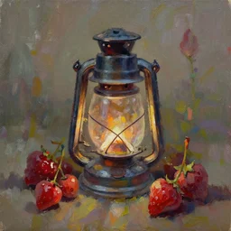 shiny vibrant berries praying around a lantern, oil painting, glassware, thick strokes, reflections, ominous, sunlit, sharp, subsurface scattering, sharp edges, hazy, field of view