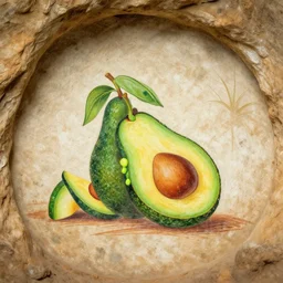 avocado being stolen, parietal art style, cave painting, inside a cavern