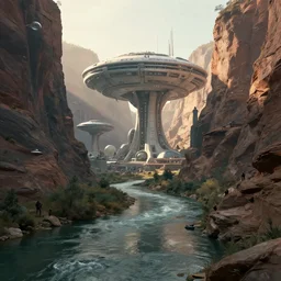 a busy science - fiction base hidden in a canyon, river, morning, james paick, artstation
