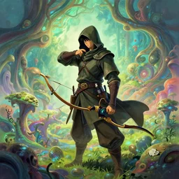 this image depicts a hooded hunter with an enchanted bow, inspired by rpg fantasy concept art and nausicaa of the valley of the wind. the hunter is part of a living, organic, flowing world that is explore in a psychedelic way.