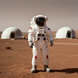 an astronaut on Mars, bio domes in the background