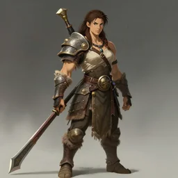 character sheet of female barbarian warrior, muscular, chiseled, by greg rutkowski and studio ghibli, digital art, trending on artstation, highly detailed, concept art, beautiful, masterpiece
