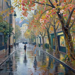 a beautifull intricate rainy day in the city of flowers, reflexions, raindrops, high details by william turner art, greg rutkowski and alphonse mucha, trending on artstation, very very detailed, masterpiece,