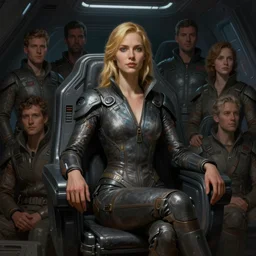 scifi art by greg rutkowski, a very tall and slender woman with blond hair, sitting with the spaceship crew, dark lighting atmosphere, detailed portraits, nostalgic atmosphere, scifi, digital painting, artstation, concept art, smooth, sharp foccus ilustration, artstation hq