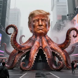 donald trump as giant octopus on times square, street, cinematic mood, overcast, foggy, dramatic, full body shot, by discovery channel