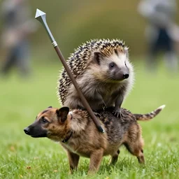 a hedgehog is carrying a lance while riding a dog. jousting.
