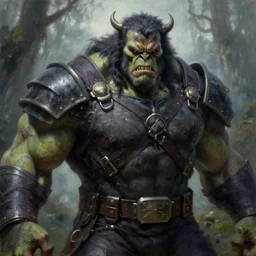 frazetta hulked oversized werewolf cyborg concept art macro medium close up shot, rugged werewolf as barbarian zombie wearing war soldier uniform armor in deep forest, mist, overcast, oil painting by greg rutkowski, by frazetta and greg rutkowski