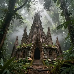 photo of a beautiful heavenly kingdom built with sticks and stones in the deep jungle, misty godrays