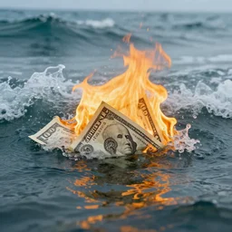 dollar bill drowning in sea of burning oll general view waves