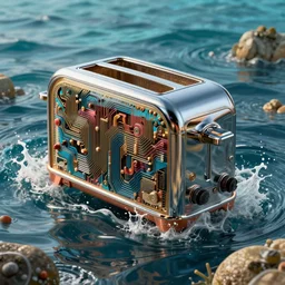 epic matte painting of atlantis sinking into the ocean, cinematic, hyper realism, high detail, octane render, unreal engine, 8 k, vibrant color, futuristic toaster with complex circuitry, by andrea chiampo and chet zar