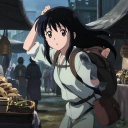 anime visual, portrait of a young female traveler in an open medieval market shopping, cute face by yoh yoshinari, katsura masakazu, cool studio lighting, dynamic pose, dynamic perspective, strong silhouette, anime cels, ilya kuvshinov, cel shaded, crisp and sharp, rounded eyes, moody