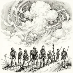 beautiful ink sketch, dieselpunk high fantasy, windflowers and clouds, by chris riddell, ilya kuvshinov, wlop, krenz kushart, boris vallejo, ayami kojima and ayami kojima