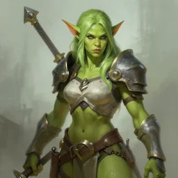 green orc female in combat gear, light green tone beautiful face, by jeremy mann, by greg rutkowski, by noah bradley, digital painting