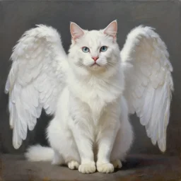a painting of a white cat with angel wings, a fine art painting by hanns katz, trending on deviantart, angelic photograph, majestic