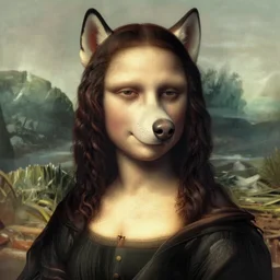 Monalisa with a Husky face , 4k , highly detailed, cinematic lightening, atmospheric ,by artgerm; wayne reynolds art station; cinematic quality character render; low angle; ultra high quality model; production quality cinema model