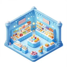 isometric building interior, frozen food shop, fantasy