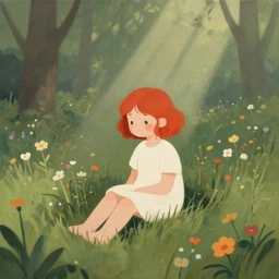 a cute young girl with short curly red hair sitting in a field of flowers, god rays are passing through the trees in the background, surrealist minimalistic painting, low saturation, calm feeling