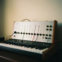 modular synthesizer, wires, oscillator, filter, wall, 3 5 mm, soft lighting, film