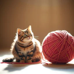 photo of giant yarn ball next to a cat, taken with canon eos - 1 d x mark iii, bokeh, sunlight, studio 4 k
