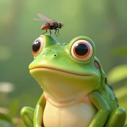 a cartoon frog with large eyes and a fly in his head, looking up at the fly, detailed, artstation, 4 k