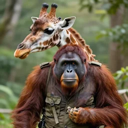 soldier with the head of a giraffe and the body of an orangutan