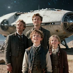 sharp, highly detailed, film from a blockbuster sci fi 4 k color movie, set in 1 8 6 0, family standing in front of a crashed spaceship, on a alien planet, looking happy, wearing 1 8 5 0 s era clothes, atmospheric lighting, in focus, reflective eyes, 3 5 mm macro lens, live action, nice composition, good photography, clear faces