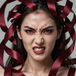 chaotic burgundy satin ribbons instead of skin build image of beautiful mystic mad angry face, moebius, bao pham, donato giancola, larry elmore, masterpiece, trending on artstation, featured on pixiv, cinematic composition, beautiful lighting, sharp, details, hyper - detailed, hdr, 4 k, 8 k