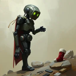 a detailed portrait of a robot searching for his one lost sock. wearing a single sock on one of his feet. by justin gerard and greg rutkowski, digital art, realistic painting, dnd, dungeons & dragons, character design, trending on artstation