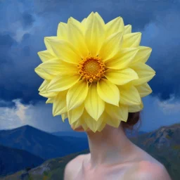 closeup girl with large yellow dahlia flower face, standing on mountain, surreal photography, blue storm clouds, dramatic light, impressionist painting, digital painting, artstation, simon stalenhag