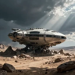 ruins of an ancient alien spaceship in a desolate landscape by greg rutkowski magali villeneuve